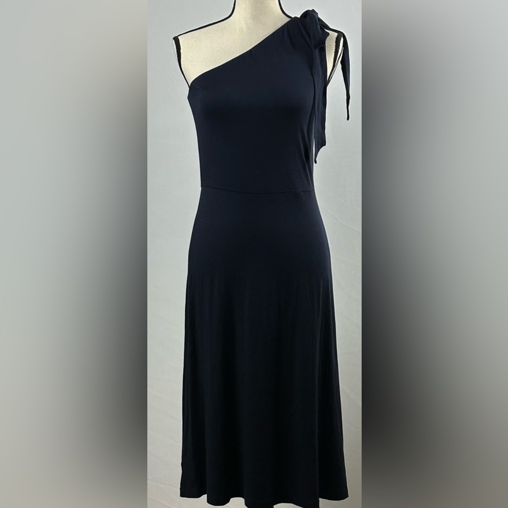 LOFT One-Shoulder Black Midi Dress with Tie Detail